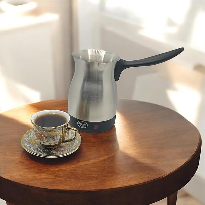 Electric Turkish Coffee Maker Kettle Pot Stainless Steel Cool Touch Handle Travel Size, Fast Boil & Keeps Water Boiling for Arabic & Greek Coffee, Tea 0.3L (SILVER)