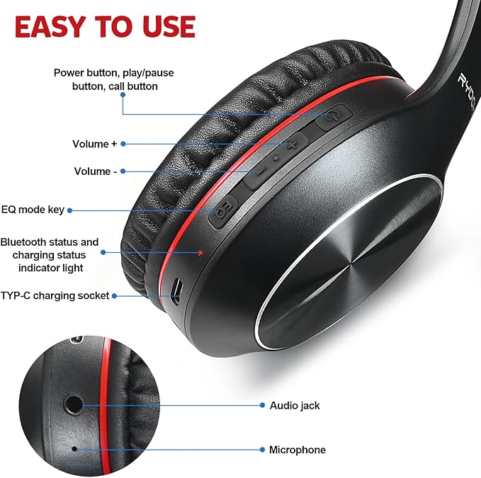 Rydohi Bluetooth Headphones Over Ear,68H Playtime and 3 EQ Music Modes Wireless Headphones with Microphone/Deep Bass, HiFi Stereo Foldable Lightweight Headset for PC Home Travel Office (Black Red)