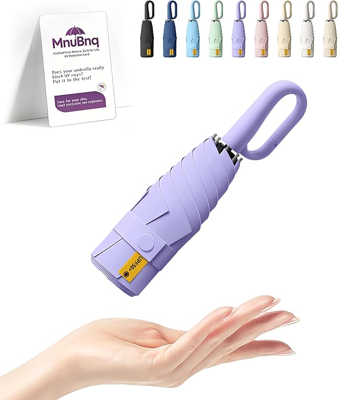 Mini Travel Umbrella with Carabiner Handle UPF 50+ Sun & Rain Protection Portable Manual Open Close Windproof Umbrella Small Compact Portable Parasol for Commuter Kids Women Men