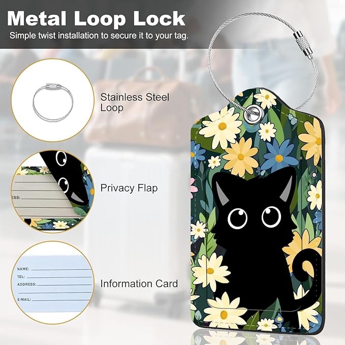 2Pack Luggage Tags for Suitcases, Cute Unique Pu Leather Cruise Luggage Tag with Privacy Cover ID Label Address Card and Metal Ring Suitable for Women Men Kids Travel Bag Yellow Flowers and Cats