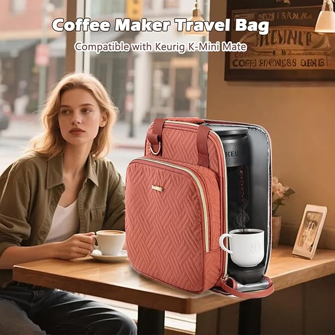 BAGSPRITE Coffee Maker Travel Bag Compatible with Keurig K-Mini Mate, Full Open Carrying Case with Quilted Padded Soft Microfiber, K--Cup Single Serve Coffee Maker Bag with Pod Organizer, Mug Pockets