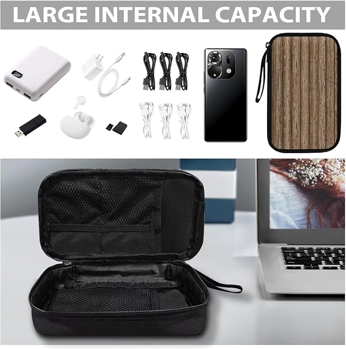 Wood Grain Electronic Accessories Carry Case Large Electronics Organizer Travel Case Portable Cord Organizer Travel for Cable Charger Phone Earphone