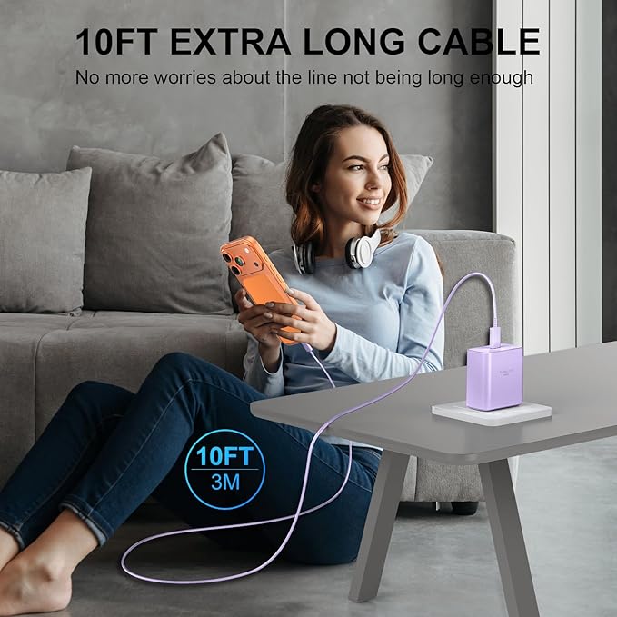 Phone 17 16 Pro Max Charger Fast Charging, 45W USB C Phone 17 16 Super Fast Charger Block with 10ft Long Type C Charging Cable Cord for i.Phone 17 Pro Max/17 Pro/17 Air/17/16/16Pro/16 Pro Max-Lavender