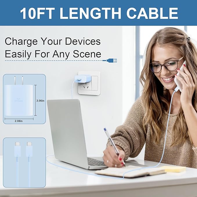 45W Super Fast Charger USB C Android Phone Type C Charger Fast Charging Block with 10FT Cord for Samsung Galaxy S26/S26 Ultra/S26+/S25 Ultra/S25/S24 Ultra/S24/S23 Ultra/S22/S21/S20/Note 10, Blue