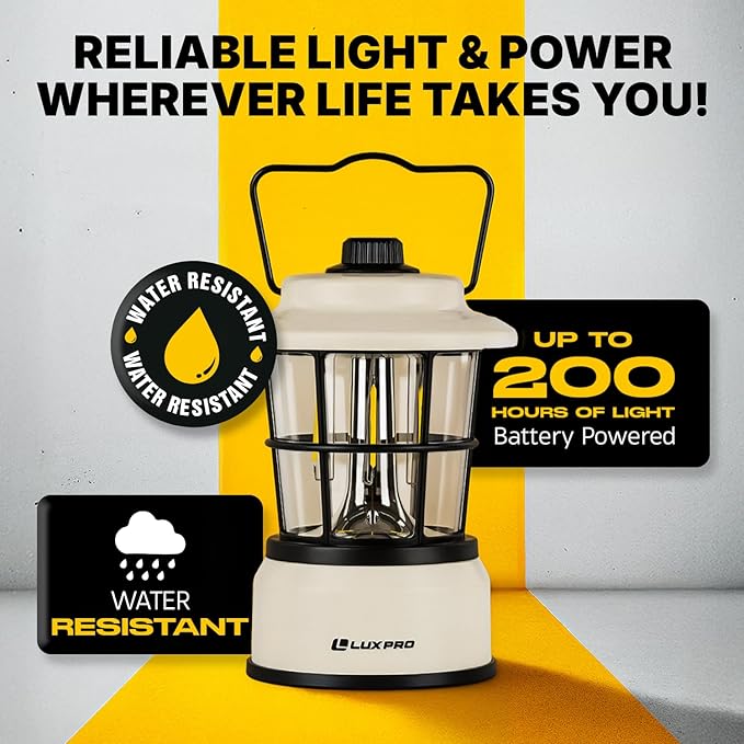LUXPRO Retro LED Lantern - Battery-Powered Emergency Lantern - Water Resistant - Bright LED Lamp for Indoor & Outdoor Use - Use for Tents, Hiking or Hurricane Prep (Beige, Pack of 1)