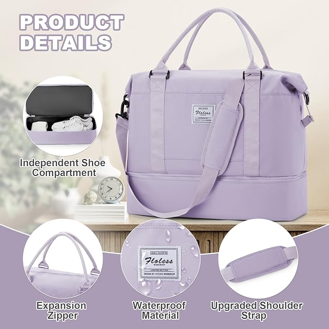 Travel Duffel Bag, Sports Tote Gym Bag, Shoulder Weekender Overnight Bag for Women