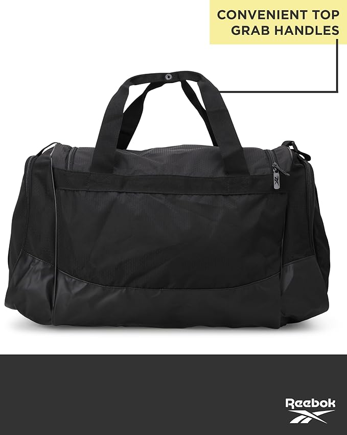 Reebok Duffle Bag - Lightweight Unisex Carry On Gym Bag - Travel and Sports Duffel Bags for Men and Women, Cade - Black/Black