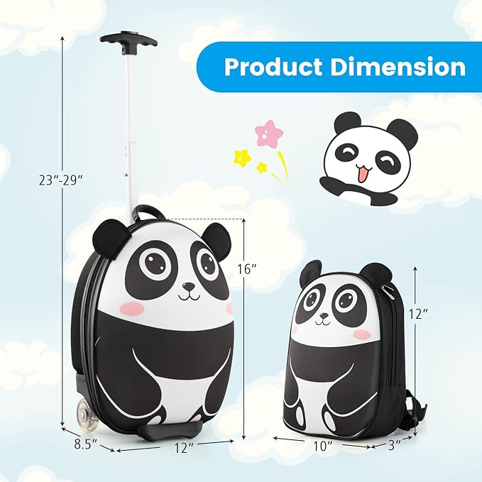 Goplus 2PC Kids Carry On Luggage Set, 16" Rolling Suitcase & 12" Backpack, Airline Approved Travel Trolley Luggage with Wheels for Toddlers Children Girls Boys (Panda)