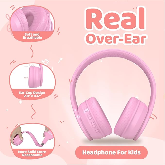 MIDOLA Kids Headphones Bluetooth 5.4 Wireless 68H Play Time Volume Limit 85/94dB Over-Ear Foldable Headset,Type-C Fast Charging,with Wired Aux Mic for Toddler Child Pad Tablet Pink