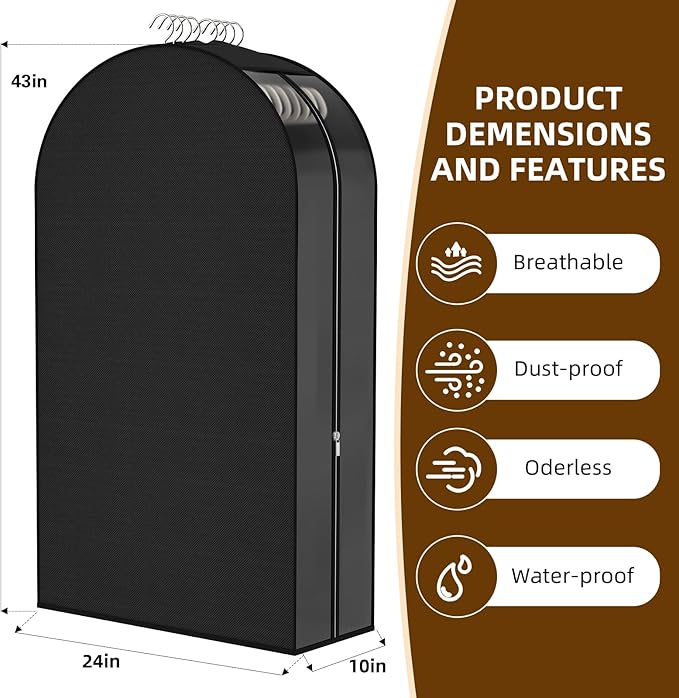 Black Garment Bags for Hanging Clothes 4 Packs, 10“ Gusseted and 43" Clothes Protectors for Hanging Clothes for Closet, Shirts, Coats, Dresses