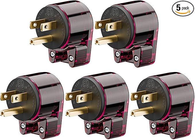 (5PACK) ETL Listed 90 Degree USA Canada Male Plug Nema 5-15P 3 Pole Angle DIY Plug, 15A 125V USA 3Pin Right Angle, Nema 5-15P Angled Rewireable,Red Color