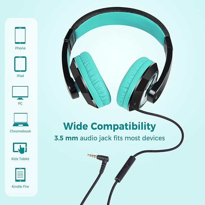 rockpapa Comfort+ Kids Headphones with Microphone, Boys Girls Student Over-Ear Headphones Wired Foldable for School Classroom Laptop PC Computer Tablet Black Teal