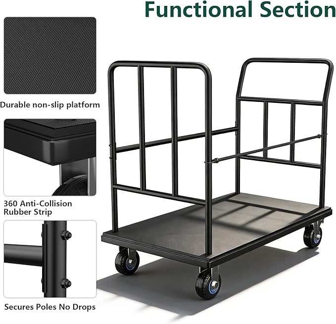 Luggage Cart,850LB Load Luggage Trolley with 5" Quiet Wheels & Secures Poles,Heavy-Duty Steel Hand Truck for Hotel Bellman,Airport,Commercial Use,Non-Slip Platform Dolly(42.51" x 25.19" x 34.25")
