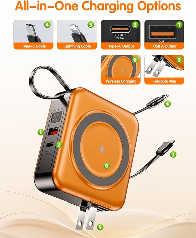 6-in-1 for Magsafe Portable Charger with Built-in Cables & Wall Plug,10000mAh Magnetic Wireless Power Bank,22.5W Fast Charging USB C Battery Pack,Travel Essentials for iPhone 17/16/15/14/13/12,Orange