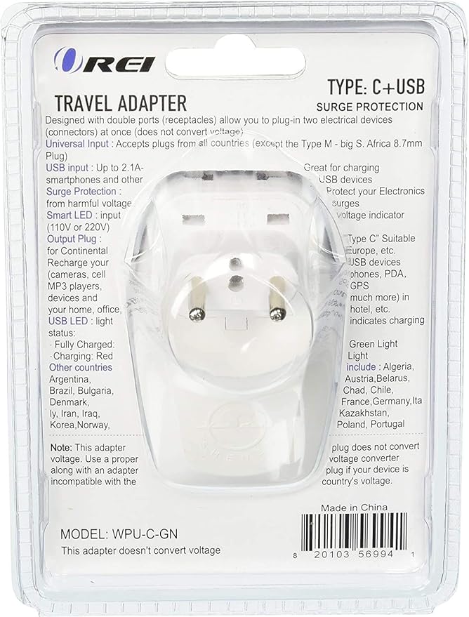 OREI 3 in 1 Continental Europe Travel Adapter Plug with USB and Surge Protection - Type C - Turkey, Italy & More