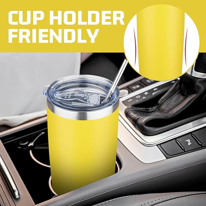20 oz Tumbler with Lids and Straws, Stainless Steel Insulated Travel Coffee Mug, Double Wall Vacuum Insulated Tumblers, Powder Coated Coffee Tumbler for Cold & Hot Drinks (Yellow, 4 Pack)