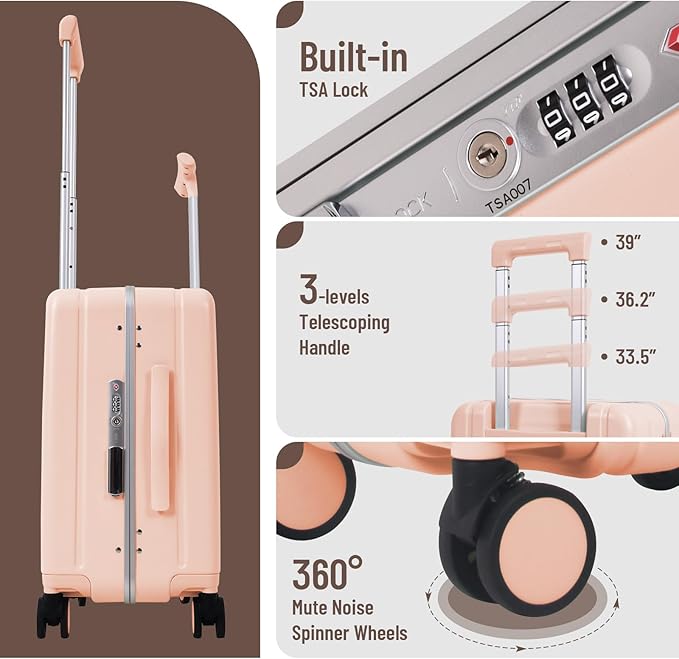 Apelila 20" Ride-On Suitcase with Seat, Double Handle Carry On Luggage with Mesh Pocket & Side Hooks, Hard Shell Spinner Wheels, TSA Lock & Seat Belt