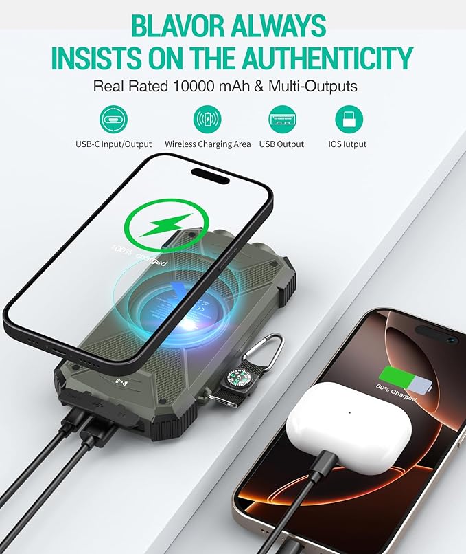 BLAVOR Solar Power Bank 10,000mAh Plus 4FT USB-C Cable