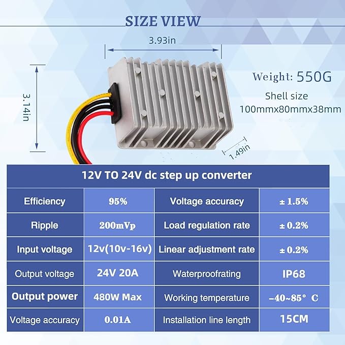 DC 12V Step Up to 24V Boost Converter 20A 480W DC Voltage Regulator Power Converter Waterproof Module Transformer for Golf Cart Club Car