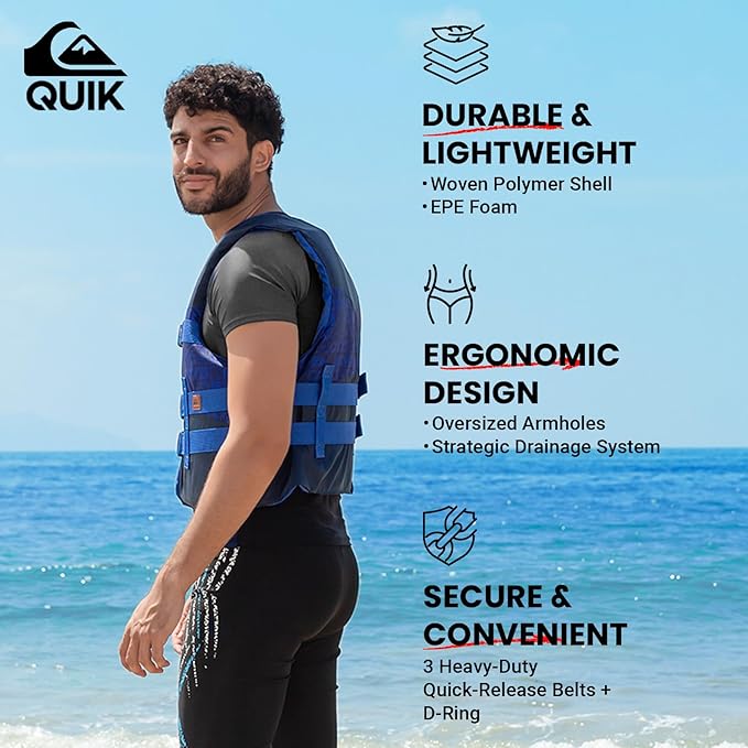 QUIKSILVER USCG Approved Men's Life Jacket Type III PFD, Lightweight EPE Foam Life Vest for Adults, for Waterskiing, Wakeboarding, Windsurfing, Rafting, Boating, Kayaking, Fishing Watersports