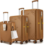 Somago 3 Piece Luggage Set with Cup Holder, Expandable 25% Capacity Suitcase with Shock-Absorbing Braking Spinner Wheels Moon Star Design Hardside Suitcase with TSA Lock (Toffee Brown,Expandable Sets)