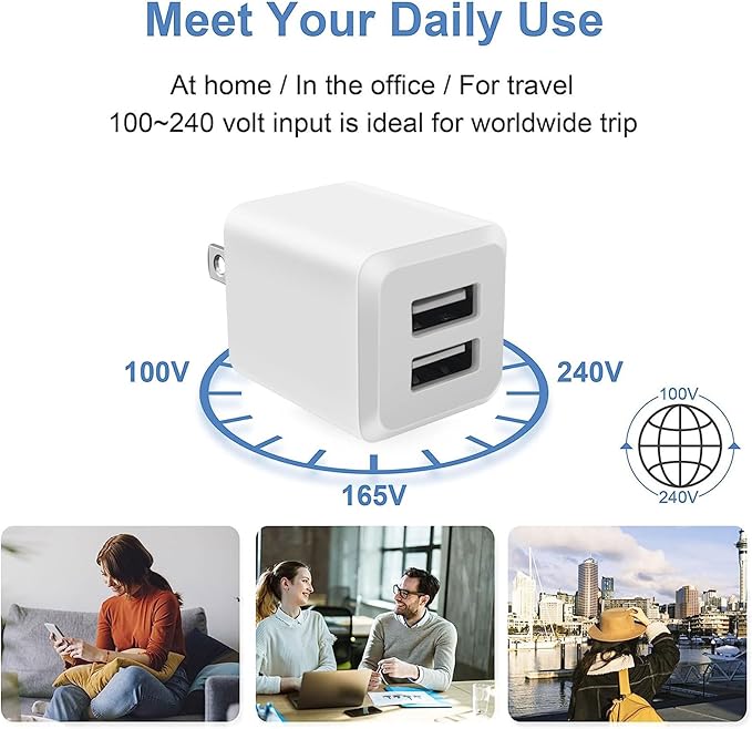 USB Wall Charger, Dual Port Cube Power Adapter Charger Plug Block Charging Box, Dual Port Wall Fast Charging Adapter, Compatible for i Phone 14 13 12 11，Grayish White