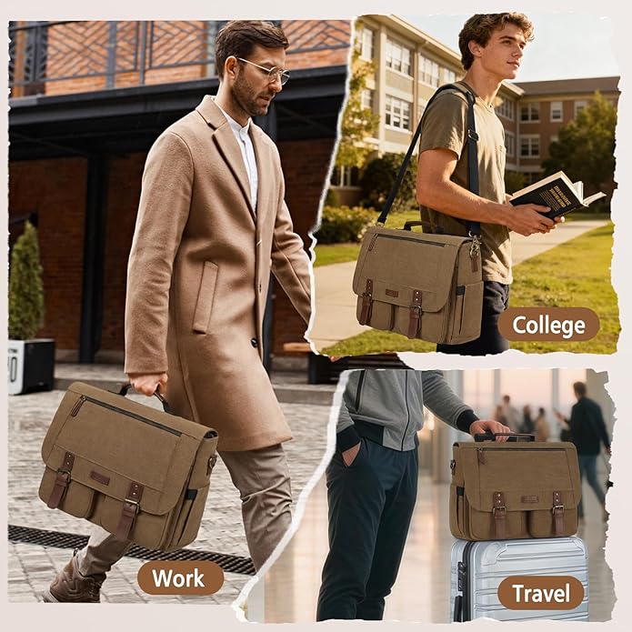 RAINSMORE Messenger Bag for Men 15.6-17.3 Inch Laptop Bag Water-resistant Canvas Briefcase Computer Satchel for Work College