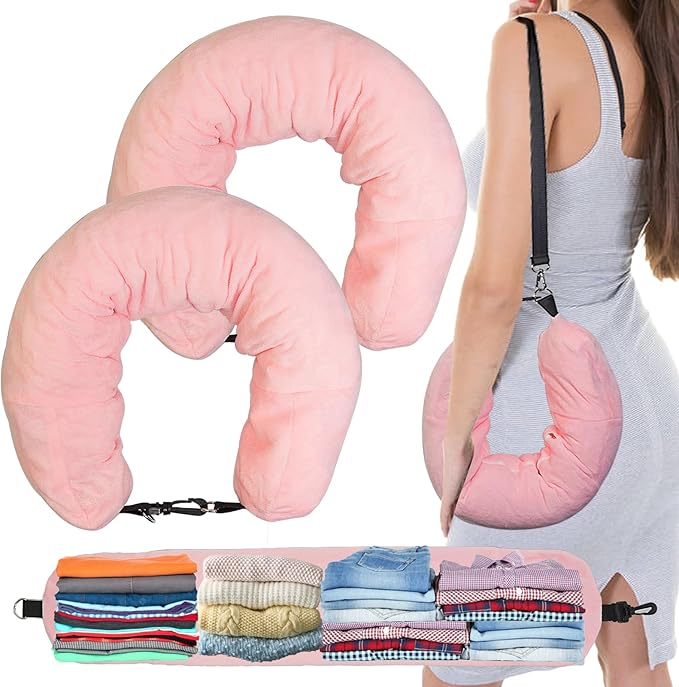 1/2PCS Travel Pillow Stuffable with Clothes As Carry-On Luggage Fits Up to 3 Days of Travel Essentials, Multifunctional U-Shaped Pillowcase for Business, Trip, Outdoor (2PCS-Pink)