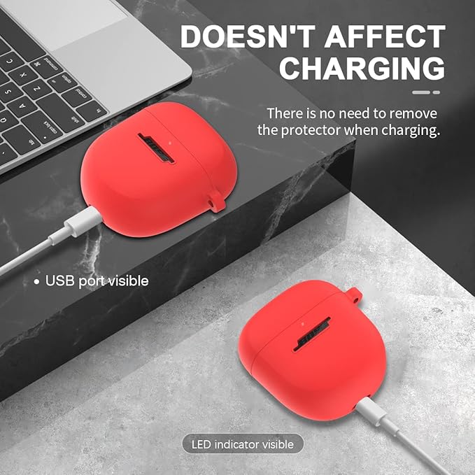 Silicone Case for Bose QuietComfort Earbuds II (2022) & QuietComfort Ultra (2023), Shockproof Protective Cover With Keychain for Men Women (Red)