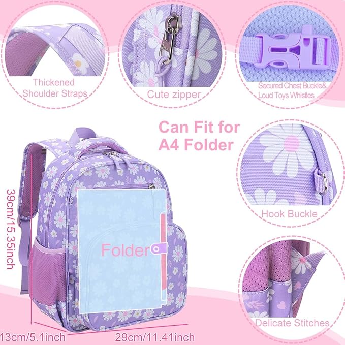 RHCPFOVR Kids Backpack for Girls - Girls Backpack 3-8 Ages Flower for Kids 15 Inch School Bookbag for Kindergarten Elementary School Bookbag for Girl 1st 2nd Grade