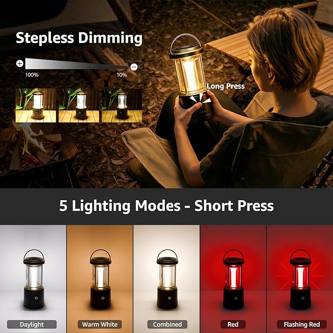 Lepro 2000LM LED Camping Lantern Rechargeable, Waterproof Tent Light with 5 Light Modes, Camping Essentials, Portable Lantern Flashlight for Camping, Emergency Light, Power Outage, USB Cable Included