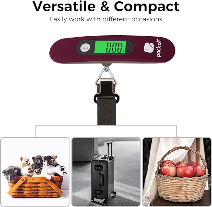 pack all 110 Lbs Luggage Scale, Digital Handheld Luggage Scale, Baggage Scale, Travel Weight Scale for Luggage with Backlit LCD Display, Battery Included, Red