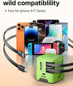 W & O 60W gan Fast Charger for iPhone, Retractable Phone Charger Wall Plug with Type‑C & Compatible Lightning Cables,for iPhone 17/16/15, Galaxy S25/24,Android Devices（Green）