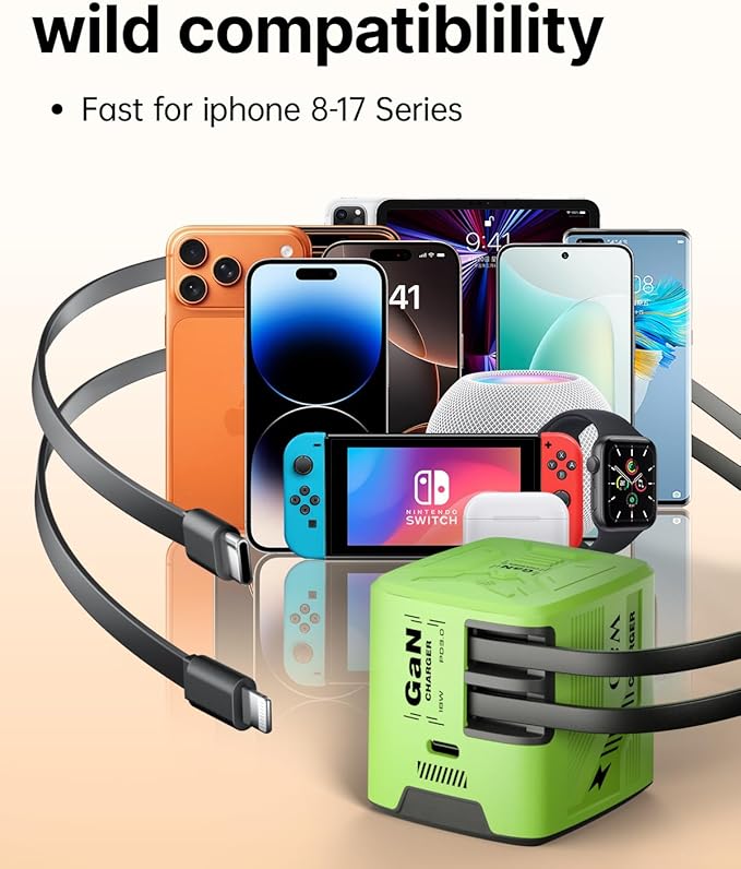 W & O 60W gan Fast Charger for iPhone, Retractable Phone Charger Wall Plug with Type‑C & Compatible Lightning Cables,for iPhone 17/16/15, Galaxy S25/24,Android Devices（Green）