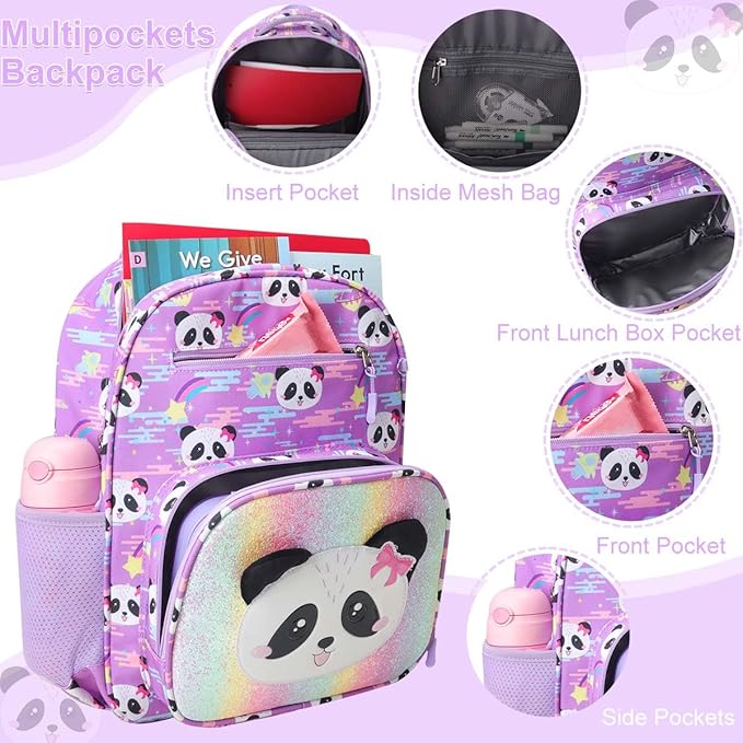 RHCPFOVR Kids Backpack for Girls - Girls Backpack 3-8 Ages Panda for Kids 15 Inch School Bookbag for Kindergarten Elementary School Bookbag for Girl 1st 2nd Grade