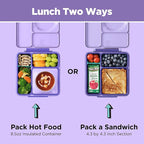 OmieBox Bento Box for Kids - Insulated Bento Lunch Box with Leak Proof Vacuum Insulated Food Jar - 3 Compartments, Two Temperature Zones (Purple Plum)