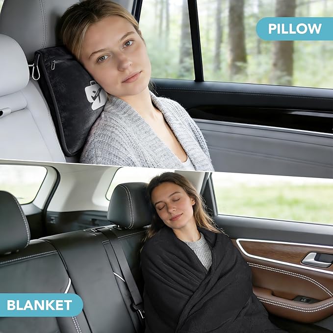 SINLAND Travel Pillow and Blanket 2-in-1 Set,Airplane Packable Bag,Soft and Lightweight Plane Flight Car Trips Travel Essentials Gift,Hand Luggage Sleeve and Backpack Clip,60x50 Inch Black