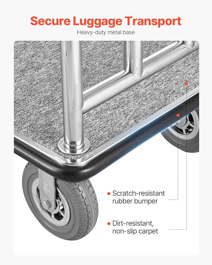 VEVOR Hotel Luggage Cart, Brushed Stainless Steel Finish Bellman's Cart, 1200 LBS Valet Cart with Grey Carpeted Deck and 8-inch Rubber Wheels, Ideal for Hotels, Condos, Resorts, Silver