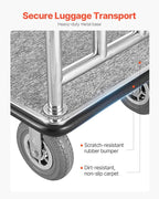 VEVOR Hotel Luggage Cart, Brushed Stainless Steel Finish Bellman's Cart, 1200 LBS Valet Cart with Grey Carpeted Deck and 8-inch Rubber Wheels, Ideal for Hotels, Condos, Resorts, Silver