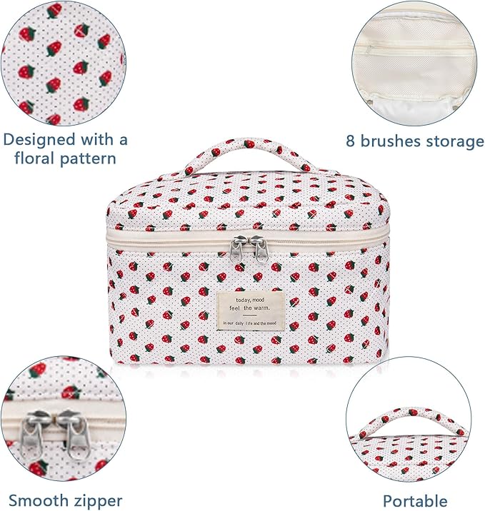Gosect Large Makeup Bag, Cute Cosmetic Bag for Women Girls, Floral Coquette Aesthetic Toiletry Bag, Travel Make Up Organizer Bag (Strawberry)