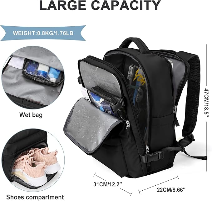 Large Travel Backpack Women Carry On Hiking Backpack Waterproof Outdoor Sports Casual Daypack Personal item Travel Bag Airplane Essentials Spirit Airline Flight Approved Shoes Compartment Men,Black