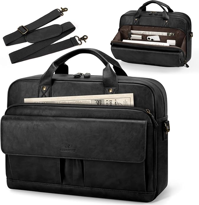 RAINSMORE Mens Laptop Bag PU Leather Messenger Bag 15.6 Inch Briefcase Vintage Computer Satchel Bag for Work Business
