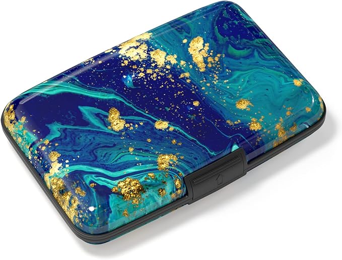 Credit Card Holder, Mini Aluminum Card Wallet RFID Blocking Slim Metal Hard Card Case for Women Men, Blue Green Marbling