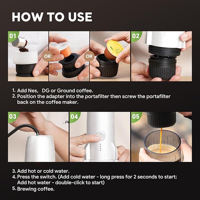 3 in 1 Portable Electric Espresso Machine On the Go with Detachable Coffee Stand, Car Coffee Maker Self-Heating with USB-C, For Travel Camping and Hiking With Ground Coffee & NES PRES*O/DG Pod