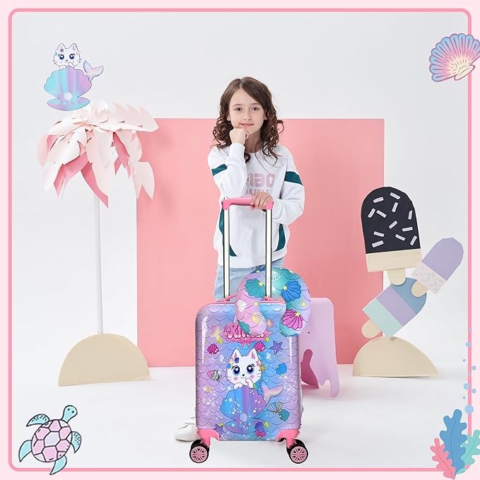 Cute Cat Kid's Luggage Set: 2 Piece Hardside Spinner Wheels Suitcase Set, 16' Airline Approved, Pink Cat Pattern, Ages 5+