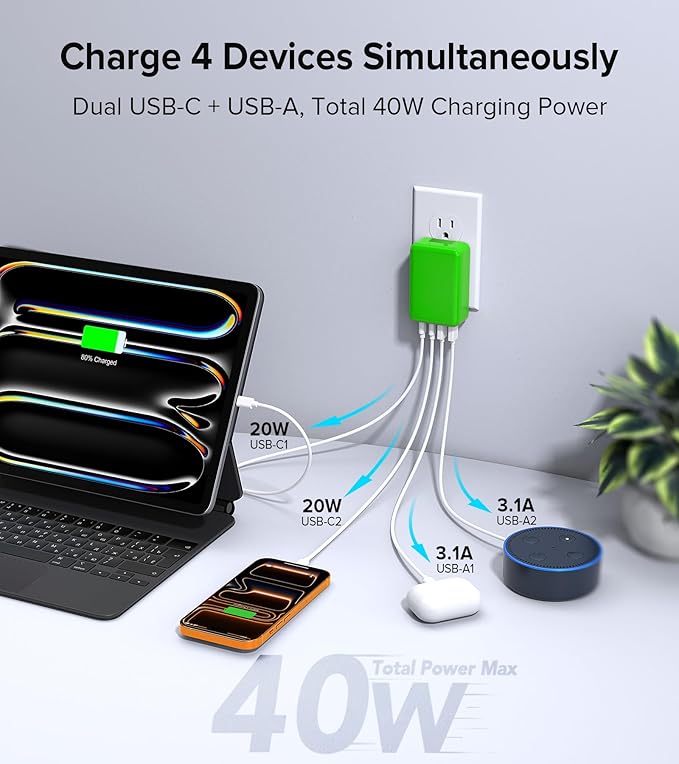Flat USB C Charger Block, 2-Pack 40W USB C Fast Charging Block 4-Port Dual PD+QC Power Adapter Double Charger Block Multiport Type C Cube Multiple Wall Plug for iPhone 17 16 15 14 13 12 Pro Max(Green)