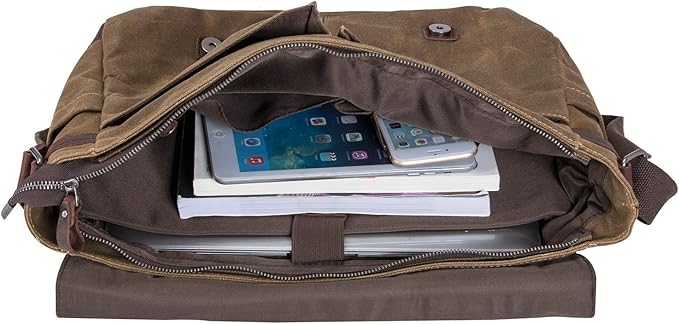 Vintage Genuine Leather Waxed Canvas Briefcase Large Satchel Shoulder Bag Rugged Computer 15.6" Laptop Bag