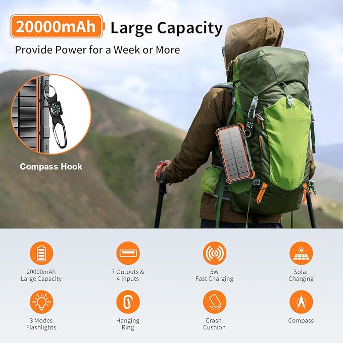 Solar Charger Power Bank 20000mAh Wireless Charger QC 3.0 Fast Charging Power Bank 8 Outputs 4 Inputs Solar Portable Charger Compatible with All Mobile Devices,SOS/Strobe/Strong Flashlights (orange)