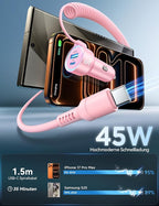 USB C 90W Car Charger for iPhone 17/16 Pro Max, PD & QC3.0 w/5 ft 45W Type C Coiled Cable, Fast Car Phone Charger Adapter for iPhone 17Air/15 Pro, Samsung Galaxy S25/S24/S23, Pixel 10/LG/Android, iPad