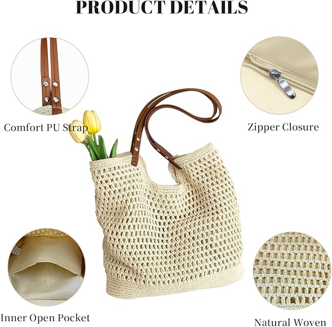 Crochet Beach Bag Summer Woven Tote Bag Crochet Purse for Women handbags Boho Shoulder Bags for Travel Vacation